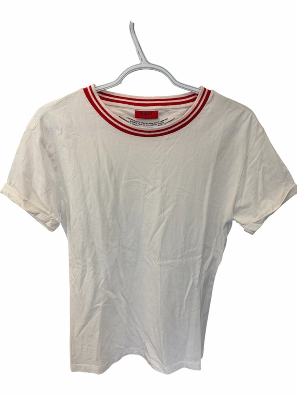 HUGO BOSS White Tee with Red Stripe Ringer Collar - Size 6 - Like New